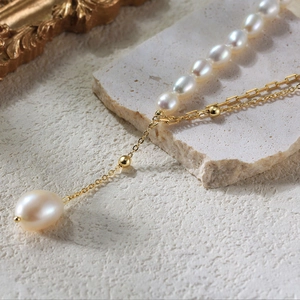 Natural Freshwater Pearl Y-Shaped Necklace 925 Sterling Silver 14K Gold Plated Asymmetric Tassel Jewelry For Women