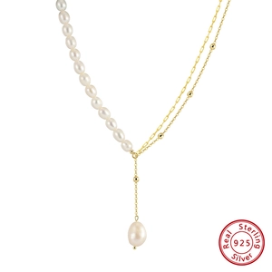Three-layer S925 sterling silver necklace with freshwater pearls and drop pendant