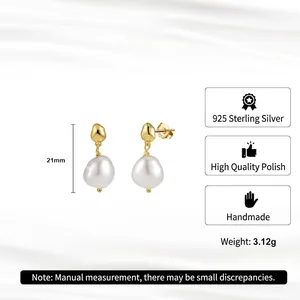 Handmade 925 sterling silver drop earrings with natural freshwater pearls 21mm