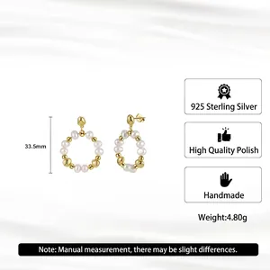 Elegant 925 sterling silver hoop earrings with natural freshwater pearls and gold plating