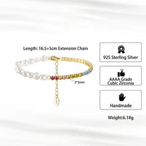 Bracelet tennis en argent S925 plaqué or 14K avec perles d'eau douce et zircons colorés