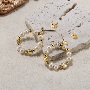 925 Sterling Silver Freshwater Pearl Hoop Earrings For Women Gold Plated Geometric Beaded Round Earrings Fashion Jewelry Gift