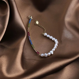 Bracelet en argent plaqué or 14 carats avec zircons colorés et perles naturelles