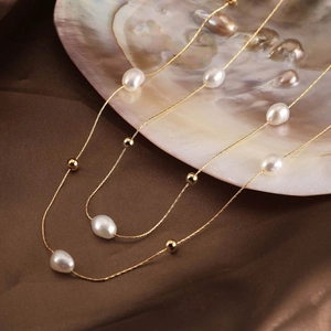 Collana a Doppio Strato in Argento Sterling 925 Placcato Oro 14K Con Ciondolo di Perla d'Acqua Dolce Naturale per Donna Gioielli