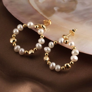 925 silver hoop earrings with white pearls and gold heart beads on silk