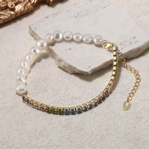 Bracelet en Argent Sterling 925 Perle d'Eau Douce Strass pour Femme Chaîne de Tennis Arc-en-Ciel Bijoux de Mode