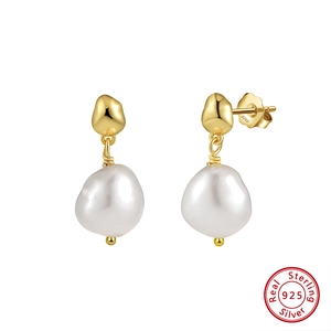 Elegant 925 sterling silver gold earrings with natural baroque pearls in minimalist style
