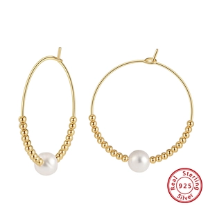 Elegant 925 sterling silver hoop earrings with natural freshwater pearls and gold beads