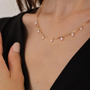 14K gold plated 925 silver paperclip chain necklace with seven freshwater pearls
