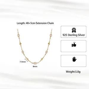 S925 sterling silver gold plated necklace with 6mm freshwater pearls and 7.5mm rhombic beads