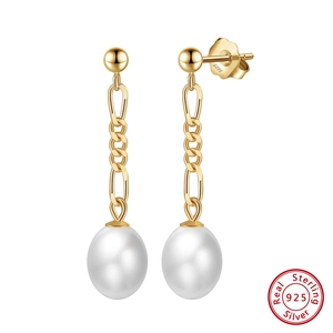 Elegant 925 sterling silver drop earrings with natural freshwater pearls in gold finish