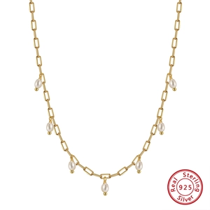 Vintage 14K gold plated 925 silver paperclip chain necklace with seven drop pearls