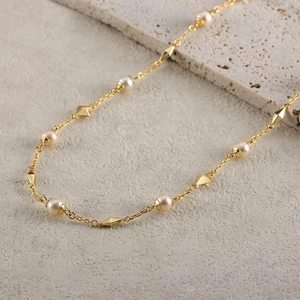 Freshwater Pearl Necklace 925 Sterling Silver 14K Gold Plated Geometric Rhombus Beads Dainty Minimalist Jewelry For Women