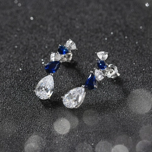S925 sterling silver drop earrings featuring pear-shaped blue and white zircons