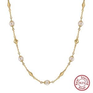 S925 sterling silver gold-plated necklace with natural pearls and geometric beads