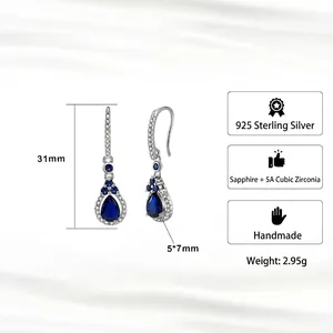 S925 Sterling Silver pear-cut sapphire earrings with 5A zircons, length 31mm detail