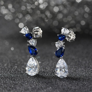 Elegant S925 sterling silver drop earrings with blue and clear pear-cut zircon stones