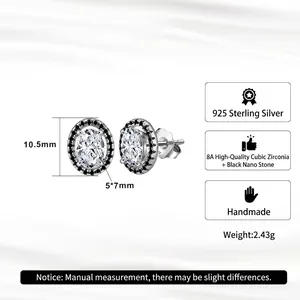 925 Sterling Silver oval stud earrings with 8A cubic zirconia and black nano stone border