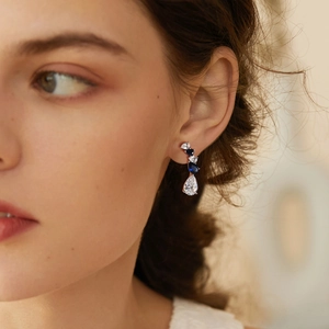 Elegant S925 sterling silver drop earrings with pear-cut blue stones and white zircon