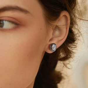 S925 silver oval 8A zircon stud earrings with luxury black halo and punk style design