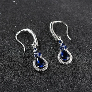 Elegant S925 sterling silver drop earrings with blue sapphire and 8A cubic zirconia stones