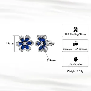 Elegant 925 sterling silver flower earrings with blue sapphires and 8A cubic zirconia