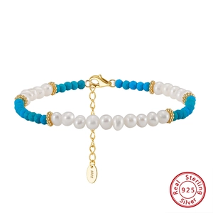 Braccialetto di Perline in Argento Sterling 925 con Perla d'Acqua Dolce Naturale e Turchese Placcato Oro Elegante Gioielli Donna
