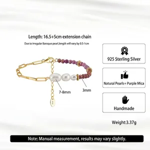 925 silver paperclip bracelet with purple lepidolite and baroque freshwater pearls