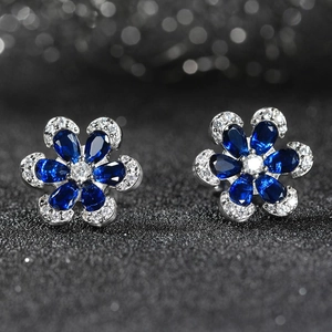 Luxurious S925 sterling silver flower earrings with blue sapphire stones and 8A cubic zirconia