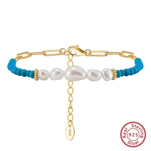 Bracelet en argent S925 avec perles d'eau douce naturelles et perles turquoise