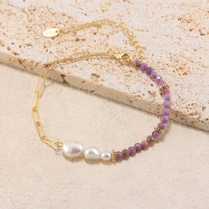 925 Sterling Silver Freshwater Pearl Lepidolite Paperclip Chain Bracelet Elegant Gold Plated Natural Stone Jewelry Women