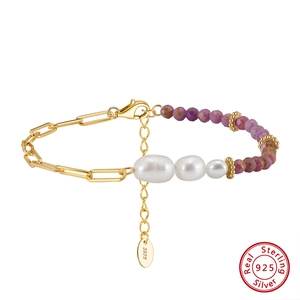 925 silver paperclip bracelet with natural purple stones and freshwater pearls