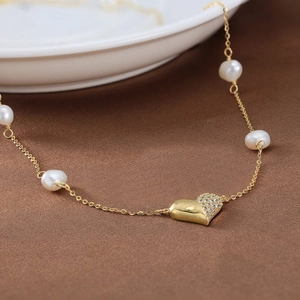 925 Sterling Silver Gold Necklace with Baroque Pearl and Zircon Heart Pendant