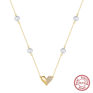 925 Sterling Silver Heart Pendant Necklace With Artificial Pearl Rhinestone Elegant Gold Plated Minimalist Jewelry For Women