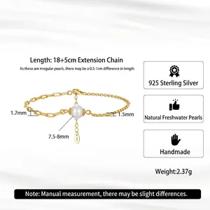 S925 silver gold-plated paperclip chain bracelet with a 7.5-8mm natural freshwater pearl