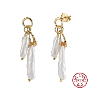 Boucles d'Oreilles Pendantes Perles d'Eau Douce Baroques Argent Sterling 925 Plaqué Or 14K Perle Naturelle Irrégulière Bijoux Femme