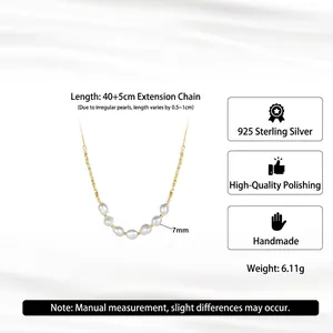 S925 sterling silver necklace with a 7mm baroque pearl pendant on 40+5cm gold chain