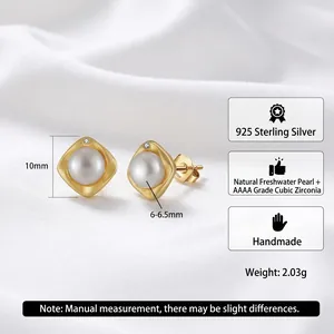 Handmade 925 sterling silver stud earrings with 6mm natural freshwater pearls and cubic zirconia