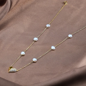 925 Sterling silver gold necklace with baroque pearls and a sparkling pavé heart pendant