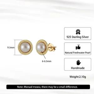 925 sterling silver stud earrings with natural freshwater pearls and braided gold finish