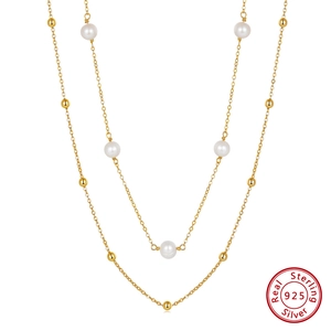 925 Sterling Silver Freshwater Pearl Layered Necklace Bracelet For Women Fresh Style Gold Plated Jewelry Neck Accessory
