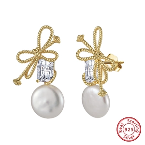 925 Sterlingsilber Schleife Süßwasserperle Ohrhänger Elegant Strass Eingelegt Gold Plattiert Schmuck Für Damen Geschenk