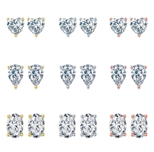Lot de 9 paires de puces d'oreilles en argent S925, coupes cœur, poire et ovale