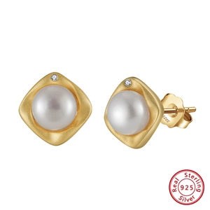 925 Sterling Silver Artificial Pearl Stud Earrings For Women Matte Gold Plated Geometric Square With Zircon Elegant Accessories