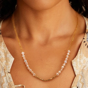 14K gold plated 925 silver necklace with baroque pearls and paperclip chain design