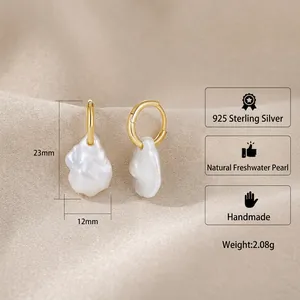 925 silver gold-plated earrings with natural baroque pearls showing size and specs