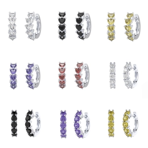 Collection de créoles en argent S925 avec pierres précieuses colorées en forme de cœur et rond