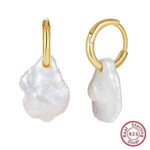Artificial Baroque Pearl Hoop Earrings 925 Sterling Silver Gold Plated Irregular Drop Earrings For Women French Retro Jewelry