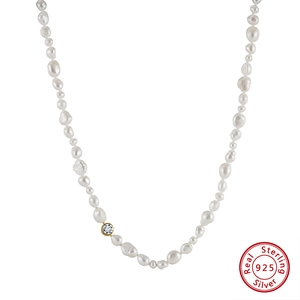 Collier en Argent Sterling 925 Perles d'Eau Douce Baroques Pendentif Zirconia Rond Bijoux Élégants Cadeau Pour Femmes Filles