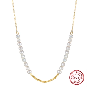 14K Gold Plated 925 Sterling Silver Freshwater Pearl Necklace For Women Baroque Design Splice Paperclip Chain Jewelry